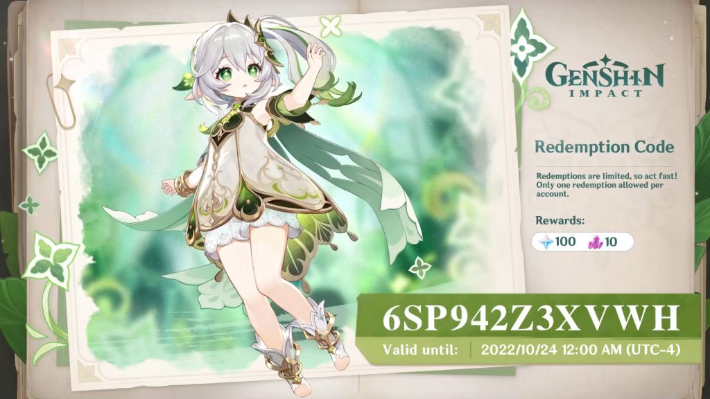 A redeem code from Genshin Impact livestream