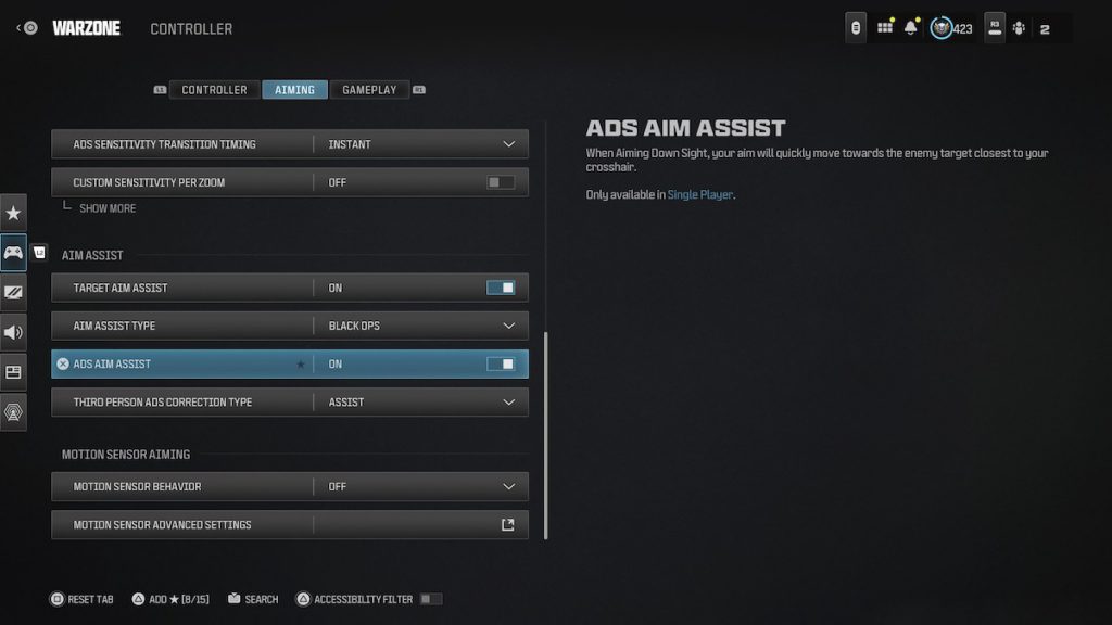 Menú de configuración de asistencia de puntería de Warzone